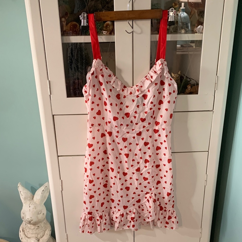 Cider sz M Heart Print Mini Dress with Red Straps euc